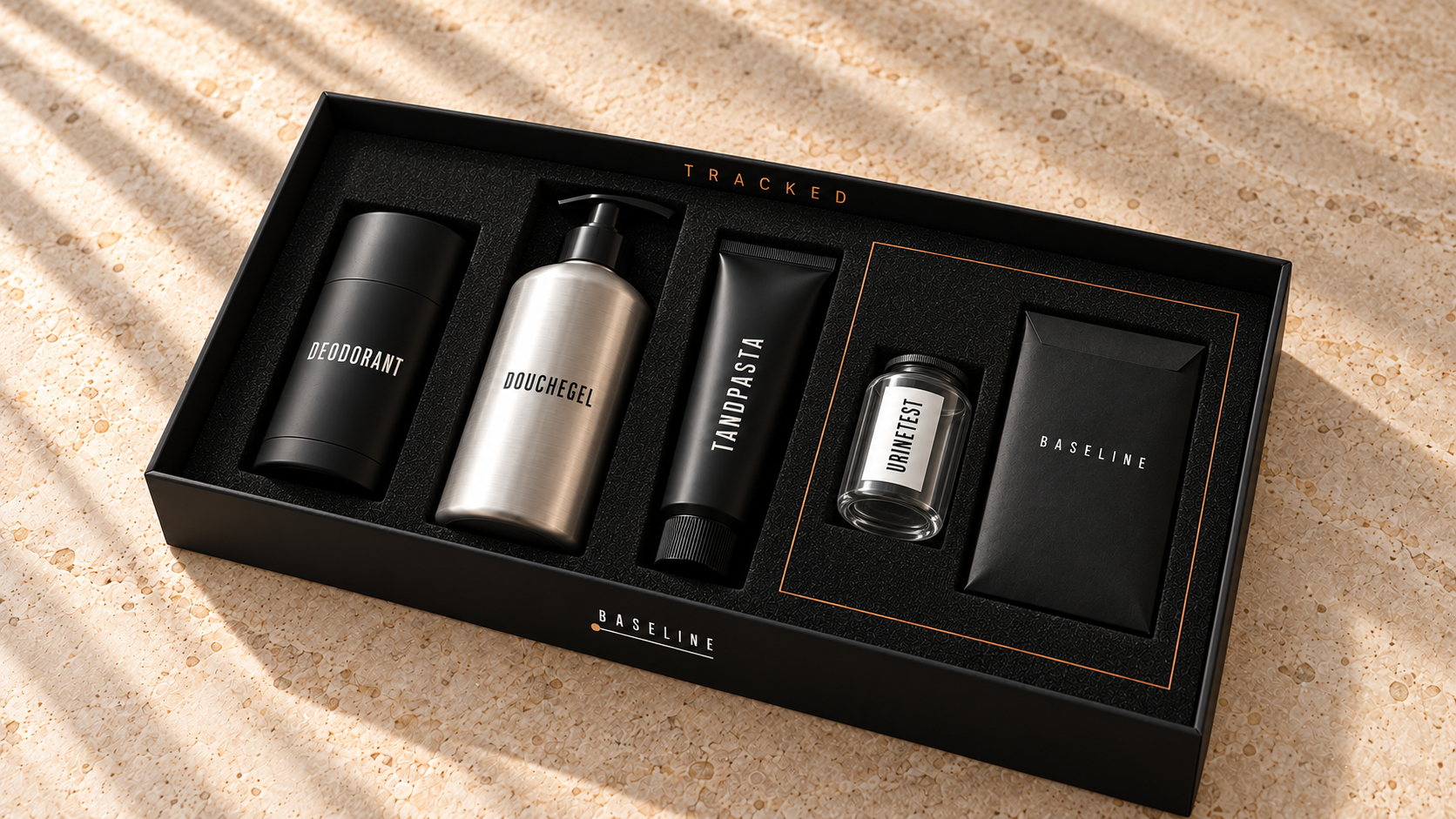 Baseline Tracked: deodorant, douchegel, tandpasta en urinetest met retourenvelop in een zwarte doos