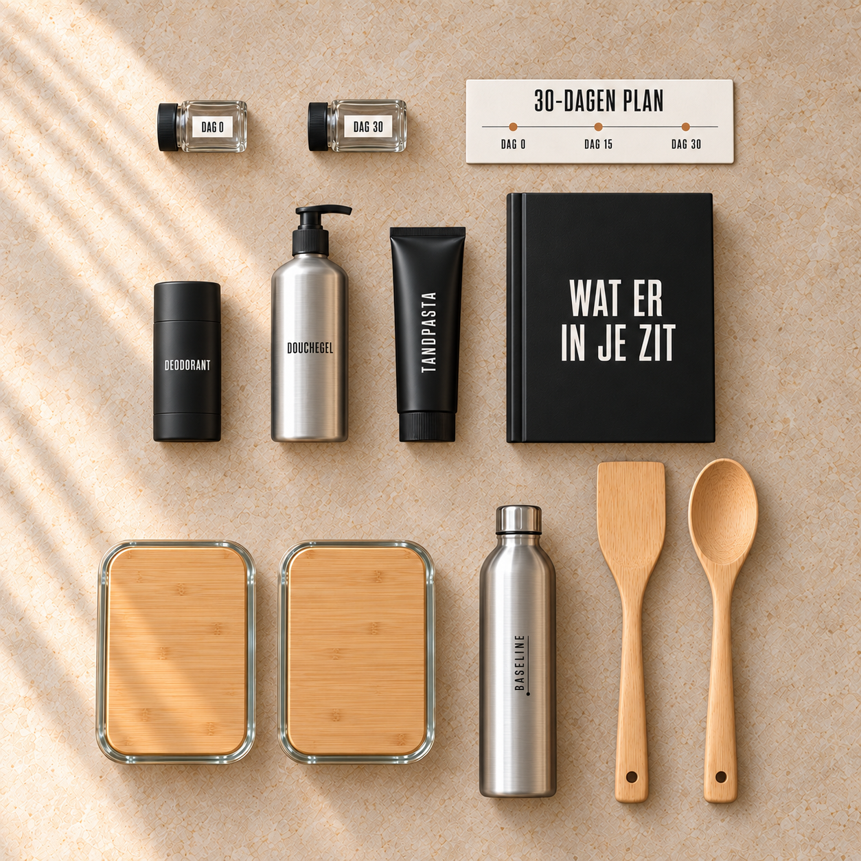 Conceptbeeld van alle producten: testpotjes voor dag 0 en dag 30, het 30-dagen plan, deo, douchegel, tandpasta, het boek, glazen bakjes, RVS fles en houten spatel en lepel